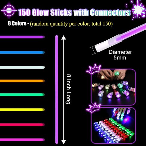 394 Pcs Glow in the Dark Party Supplies for 16 Kids Adults, Light Up Party Favors, 150 Ultra Bright Glow Sticks Bulk Party Pack with Set of 16 Glow Glasses,Earring, Headband,Bracelets, Necklaces in Kuwait