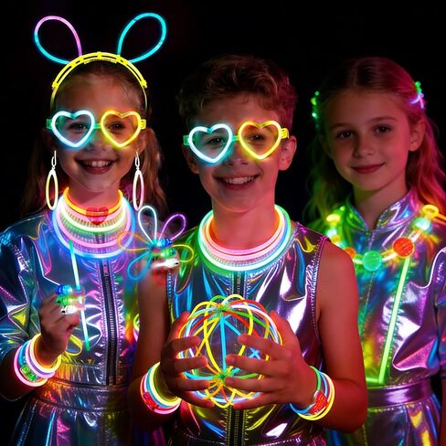 394 Pcs Glow in the Dark Party Supplies for 16 Kids Adults, Light Up Party Favors, 150 Ultra Bright Glow Sticks Bulk Party Pack with Set of 16 Glow Glasses,Earring, Headband,Bracelets, Necklaces in Saudi Arabia