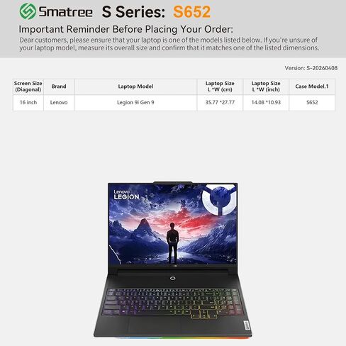 حافظة كمبيوتر محمول Smatree SlimPro لجهاز Lenovo Legion 9i Gen 9 مقاس 16 بوصة، حقيبة كمبيوتر محمول مع جيب ملحقات سريع الوصول، تصميم زاوية فائقة حاصل على براءة اختراع (S652) in Kuwait