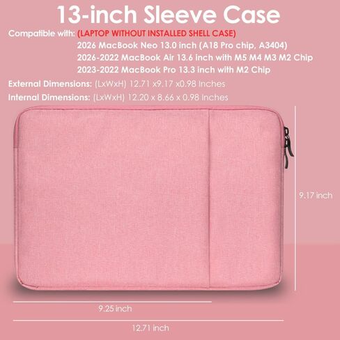 حافظة كمبيوتر محمول ProElife مقاس 13 بوصة لجهاز MacBook Neo 13 بوصة الجديد لعام 2026 مع A18 Pro (A3404) وحقيبة حمل للسفر وغطاء مقاوم للماء وحقيبة بسيطة مع جيب (وردي) in Kuwait