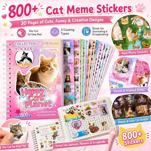 Cat Sticker Book with 800+ Cat Meme Stickers, 30 Pages Cute Die Cut Stickers, 3 Coating Types, Sticker Book for Scrapbooking Journal Planner Album, Premium Art Paper Deco Stickers in Saudi Arabia