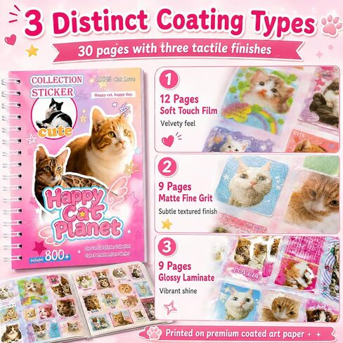 Cat Sticker Book with 800+ Cat Meme Stickers, 30 Pages Cute Die Cut Stickers, 3 Coating Types, Sticker Book for Scrapbooking Journal Planner Album, Premium Art Paper Deco Stickers in Saudi Arabia