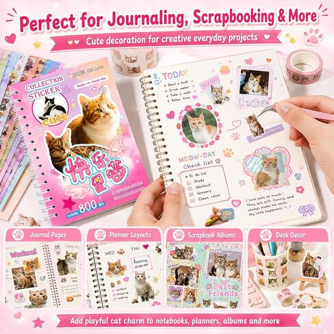 Cat Sticker Book with 800+ Cat Meme Stickers, 30 Pages Cute Die Cut Stickers, 3 Coating Types, Sticker Book for Scrapbooking Journal Planner Album, Premium Art Paper Deco Stickers in Saudi Arabia