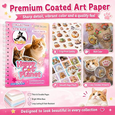 Cat Sticker Book with 800+ Cat Meme Stickers, 30 Pages Cute Die Cut Stickers, 3 Coating Types, Sticker Book for Scrapbooking Journal Planner Album, Premium Art Paper Deco Stickers in Saudi Arabia