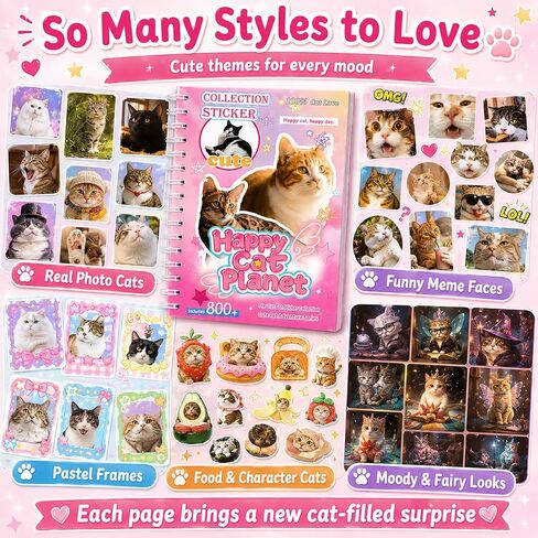 Cat Sticker Book with 800+ Cat Meme Stickers, 30 Pages Cute Die Cut Stickers, 3 Coating Types, Sticker Book for Scrapbooking Journal Planner Album, Premium Art Paper Deco Stickers in Saudi Arabia