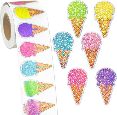 500 Pcs Summer Ice Cream Stickers Waterproof Self-Adhesive Laser Cone Decals for Gift Envelopes Bottles Journals Birthday Holiday Decor in Saudi Arabia