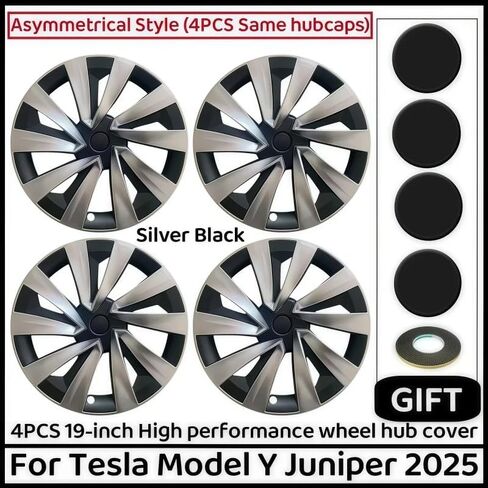 (4 قطع) غطاء عجلة لسيارة Tesla Model Y Juniper 19 بوصة 2025 غطاء عجلة بديل للسيارة غطاء محور السيارة كامل الحافة ملحقات السيارة (4 قطع أسود فضي) in Kuwait