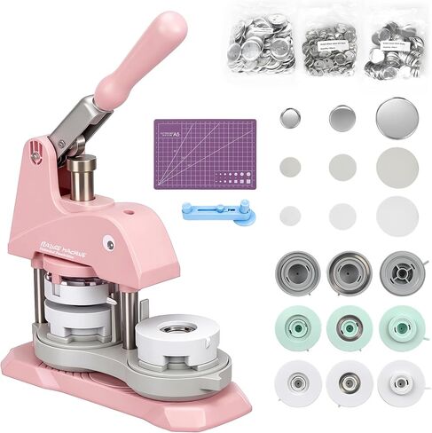 Button Maker Machine Multiple Sizes 1+1.25+2.25 inch, DIY Pin Maker Machine Kit with 300 Sets 25+32+58mm Badge Supplies & Circle Cutter, Removable Button-Models Badge Button Machine, Pink in Saudi Arabia