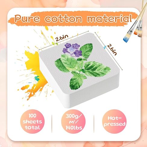 100 Sheets Small Watercolor Paper Bulk, Cold Press 140lb/300gsm Small Watercolor Sketchbook Mini Square Watercolor Book Portable Watercolor Painting Papers for Adults and Students (2.6 × 2.6 Sheets) in Kuwait