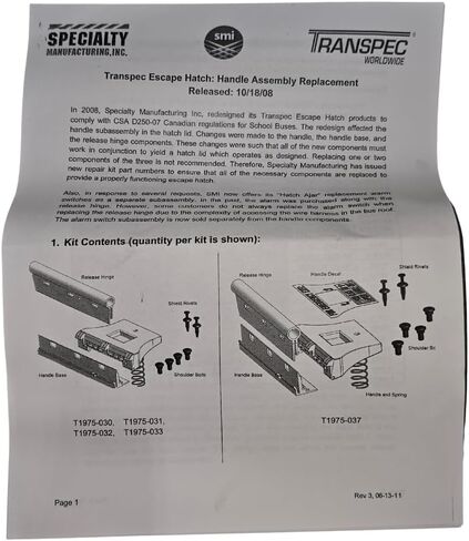 Safe Fleet Transpec T1975-030 Roof Hatch Release Handle Kit | Fits Standard Safety Vents | Replaces 56001243 & 56001249 | White Release-Side Assembly Only in Saudi Arabia