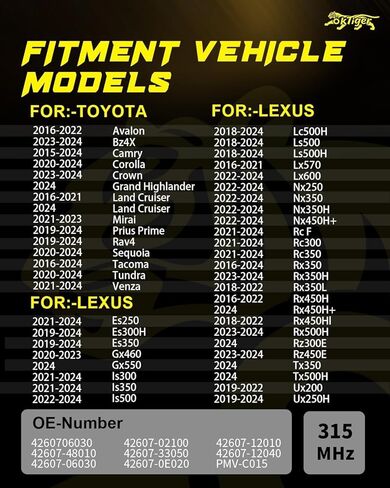 مستشعر Oktiger 315 ميجا هرتز TPMS مبرمج مسبقًا مناسب لتويوتا تاكوما 2016-2024، Rav4 2019-2024، كورولا 2020-2024، كامري 2015-2024، أفالون 2016-2022، سيكويا 2020-2024، 4 قطع OE#4260706030 PMV-C015 in Kuwait