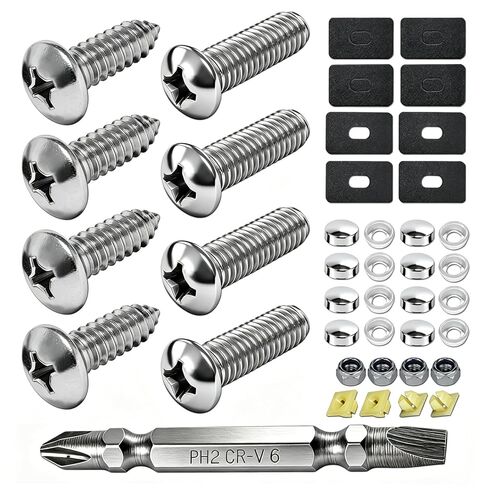 BGGTMO Stainless Steel License Plate Screws, M6*20mm (1/4" X 3/4") Rustproof Front & Rear Car Tag Fasteners with Black Caps- Machine Bolts Nuts+ Self-Tapping Screws + Screwdriver in Saudi Arabia