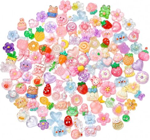 مجموعة حليات من الراتنج بألوان مختلطة، 100 قطعة متنوعة من حليات Kawaii اللطيفة المسطحة للحرف اليدوية وحافظات الهاتف وسجلات القصاصات ودبابيس الشعر والديكورات in Kuwait