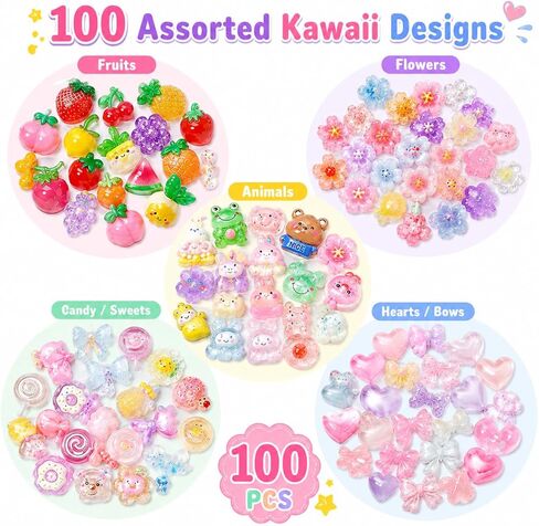 مجموعة حليات من الراتنج بألوان مختلطة، 100 قطعة متنوعة من حليات Kawaii اللطيفة المسطحة للحرف اليدوية وحافظات الهاتف وسجلات القصاصات ودبابيس الشعر والديكورات in Kuwait