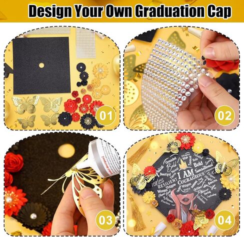 Dunzoom 26 Pcs Graduation Grad Cap Decorations Set Include DIY Card Stock Construction Paper Artificial Flower Heads Butterfly Beauty Sticker Rhinestones Pearl Stickers Adhesive Dots for Grad Hat Gift in Kuwait