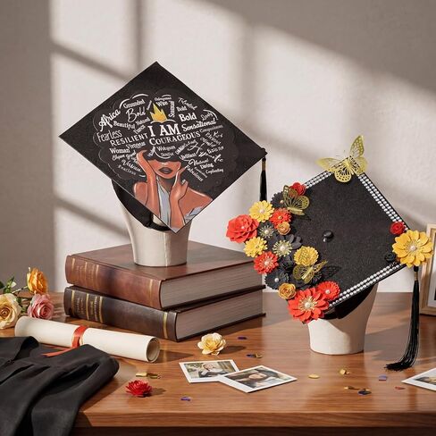 Dunzoom 26 Pcs Graduation Grad Cap Decorations Set Include DIY Card Stock Construction Paper Artificial Flower Heads Butterfly Beauty Sticker Rhinestones Pearl Stickers Adhesive Dots for Grad Hat Gift in Kuwait