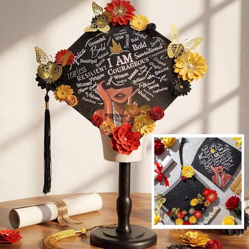 Dunzoom 26 Pcs Graduation Grad Cap Decorations Set Include DIY Card Stock Construction Paper Artificial Flower Heads Butterfly Beauty Sticker Rhinestones Pearl Stickers Adhesive Dots for Grad Hat Gift in Kuwait