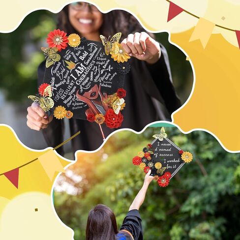 Dunzoom 26 Pcs Graduation Grad Cap Decorations Set Include DIY Card Stock Construction Paper Artificial Flower Heads Butterfly Beauty Sticker Rhinestones Pearl Stickers Adhesive Dots for Grad Hat Gift in Kuwait