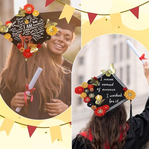 Dunzoom 26 Pcs Graduation Grad Cap Decorations Set Include DIY Card Stock Construction Paper Artificial Flower Heads Butterfly Beauty Sticker Rhinestones Pearl Stickers Adhesive Dots for Grad Hat Gift in Kuwait