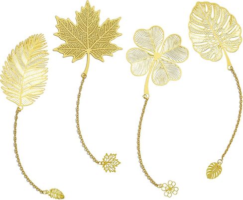 مجموعة 4 قطع من الإشارات المرجعية ذات الأوراق المعدنية الذهبية - Monstera، Maple، Four Leaf Clover & Palm، علامات صفحة نباتية أنيقة، هدايا لمحبي الكتب للنساء والمعلمين والقراء والكتاب in Kuwait
