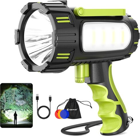 AlpsWolf Rechargeable Flashlights High Lumens, Super Bright 10000mAh Spotlight Flashlight with Built-in Stand & 3 Color Lenses, Water-Resistant LED Handheld Flashlight for Camping, Search, Emergencies in Saudi Arabia