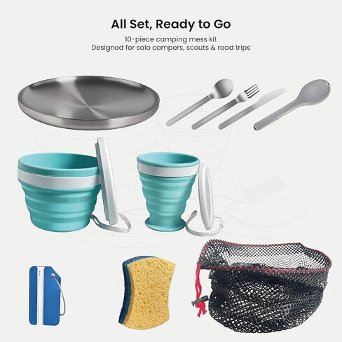 Camping Mess Kit – Compact 1-Person Tableware Set with Stainless Plate, Collapsible Silicone Bowl & Cup, and Utensils, Ideal for Solo Campers, Scouts, Family Camping & Car Trips in Saudi Arabia