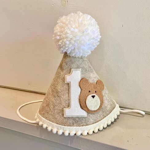 Bear 1st Birthday Hat, Beary First Birthday Decorations, One Happy Camper Party Cone Hat, Teddy Bear Crown Outfit for Baby Boys Woodland Theme Party Decoration in Kuwait