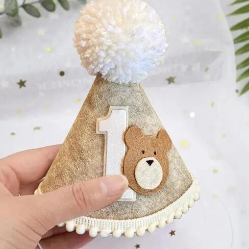Bear 1st Birthday Hat, Beary First Birthday Decorations, One Happy Camper Party Cone Hat, Teddy Bear Crown Outfit for Baby Boys Woodland Theme Party Decoration in Kuwait