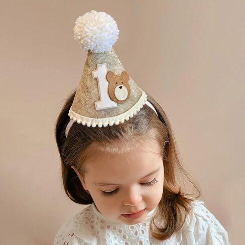 Bear 1st Birthday Hat, Beary First Birthday Decorations, One Happy Camper Party Cone Hat, Teddy Bear Crown Outfit for Baby Boys Woodland Theme Party Decoration in Kuwait