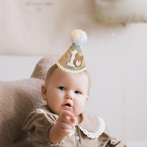 Bear 1st Birthday Hat, Beary First Birthday Decorations, One Happy Camper Party Cone Hat, Teddy Bear Crown Outfit for Baby Boys Woodland Theme Party Decoration in Kuwait