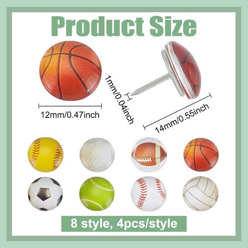PH PandaHall 32pcs 8 نمط الرياضة موضوع دفع دبابيس الزجاج الزخرفية دفع دبابيس الكرة على شكل Pushpins كرة القدم البيسبول كرة السلة الرياضة Thumbtack للوحة الفلين لوحة الإعلانات صورة جدار خريطة مكتب المدرسة in Kuwait