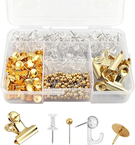 465 Pcs Gold Push Pins Set, 5 in 1 Thumb Tacks with Clips and Hooks for Cork Board, Multi‑Use Decorative Pushpins in Storage Box for Bulletin Board, Maps, Photos and Home Office in Saudi Arabia