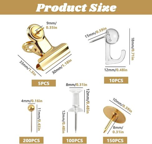 465 Pcs Gold Push Pins Set, 5 in 1 Thumb Tacks with Clips and Hooks for Cork Board, Multi‑Use Decorative Pushpins in Storage Box for Bulletin Board, Maps, Photos and Home Office in Saudi Arabia