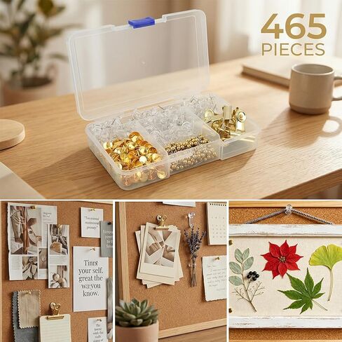 465 Pcs Gold Push Pins Set, 5 in 1 Thumb Tacks with Clips and Hooks for Cork Board, Multi‑Use Decorative Pushpins in Storage Box for Bulletin Board, Maps, Photos and Home Office in Saudi Arabia