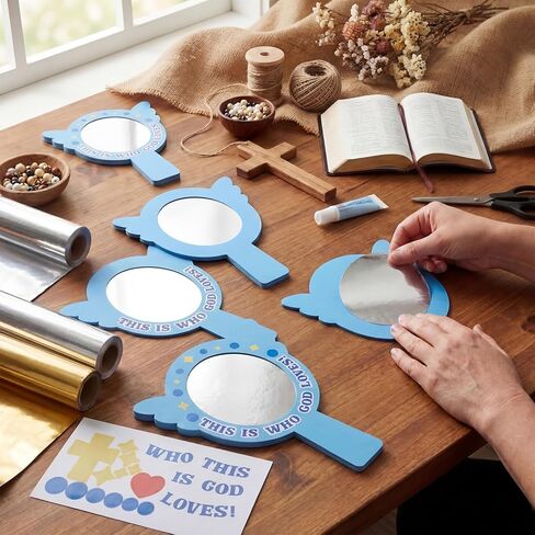 MotiMind 24 مجموعة This Is Who God Loves Mirror Craft Kits إشراك الأعمال اليدوية الدينية مرآة ملصقات زخرفية DIY للمتعة VBS Home Church Family المشاريع التعليمية أنشطة إنشاء الأحداث in Kuwait