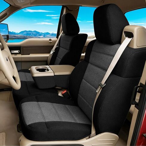 أغطية مقاعد أمامية مقسمة من قماش أكسفورد المتين ESMING 40/20/40 لسيارة Ford F150 XL Standard Cab 2004 2005 2006 2007 2008 مع أحزمة أمان مدمجة ومسند ذراع صلب - أسود in Kuwait