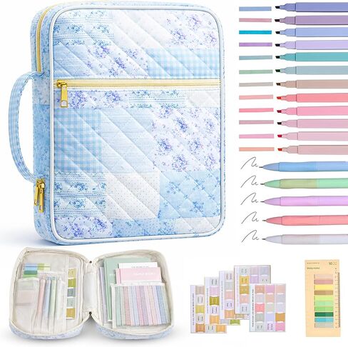 Bible Bag for Women, Bible Cover Case with Study Supplies,Large Quilted Bible Bag with Handle and Zipper, Suitable for Christian Books-Christian Gift for Girls(Blue Patchwork Flowers) in Kuwait