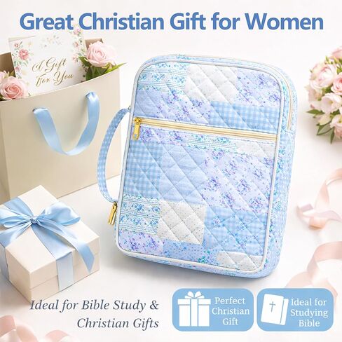 Bible Bag for Women, Bible Cover Case with Study Supplies,Large Quilted Bible Bag with Handle and Zipper, Suitable for Christian Books-Christian Gift for Girls(Blue Patchwork Flowers) in Kuwait