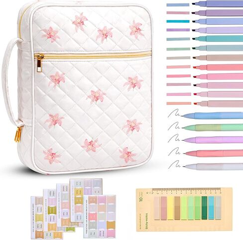 Bible Bag for Women, Bible Cover Case with Study Supplies,Large Quilted Bible Bag with Handle and Zipper, Suitable for Christian Books-Christian Gift for Girls(Blue Patchwork Flowers) in Kuwait
