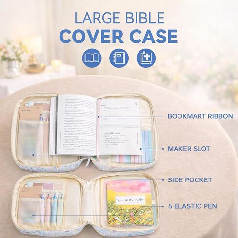 Bible Bag for Women, Bible Cover Case with Study Supplies,Large Quilted Bible Bag with Handle and Zipper, Suitable for Christian Books-Christian Gift for Girls(Blue Patchwork Flowers) in Kuwait