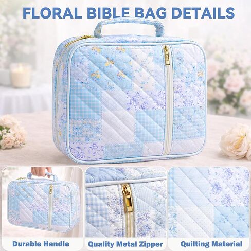 Bible Bag for Women, Bible Cover Case with Study Supplies,Large Quilted Bible Bag with Handle and Zipper, Suitable for Christian Books-Christian Gift for Girls(Blue Patchwork Flowers) in Kuwait