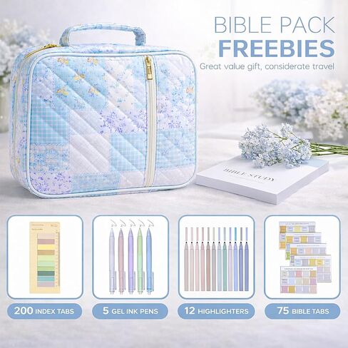 Bible Bag for Women, Bible Cover Case with Study Supplies,Large Quilted Bible Bag with Handle and Zipper, Suitable for Christian Books-Christian Gift for Girls(Blue Patchwork Flowers) in Kuwait