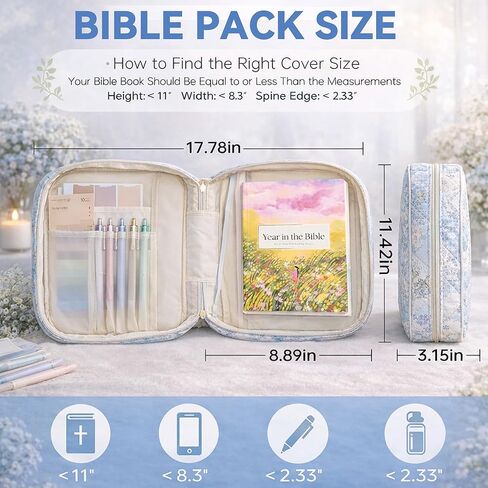 Bible Bag for Women, Bible Cover Case with Study Supplies,Large Quilted Bible Bag with Handle and Zipper, Suitable for Christian Books-Christian Gift for Girls(Blue Patchwork Flowers) in Kuwait