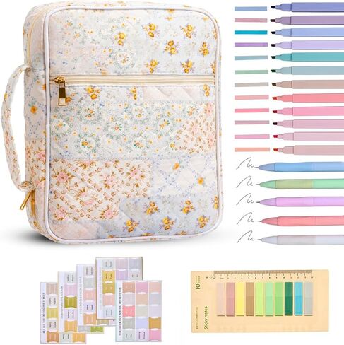 Bible Bag for Women, Bible Cover Case with Study Supplies,Large Quilted Bible Bag with Handle and Zipper, Suitable for Christian Books-Christian Gift for Girls(Blue Patchwork Flowers) in Kuwait