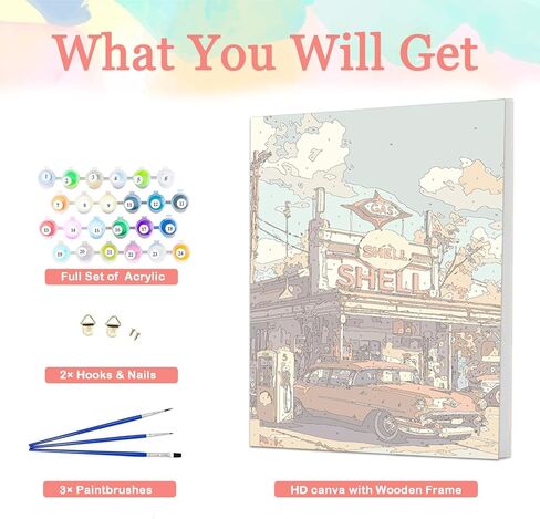 مجموعة طلاء السيارات بالأرقام من Auremi مع إطار، طلاء محطة وقود DIY حسب الأرقام للبالغين، أكريليك سهل على القماش مع فرش للديكور 20 × 30 سم in Kuwait