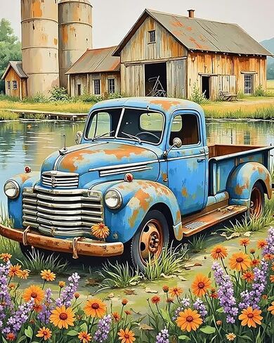 AWLNKMC Truck Farmhouse Flower Paint by Numbers for Adults, DIY Paint by Numbers Kits for Adults Beginners Without Frame, Acrylic Paint on Canvas Painting Kits for Home Decor 16x20 Inch in Saudi Arabia