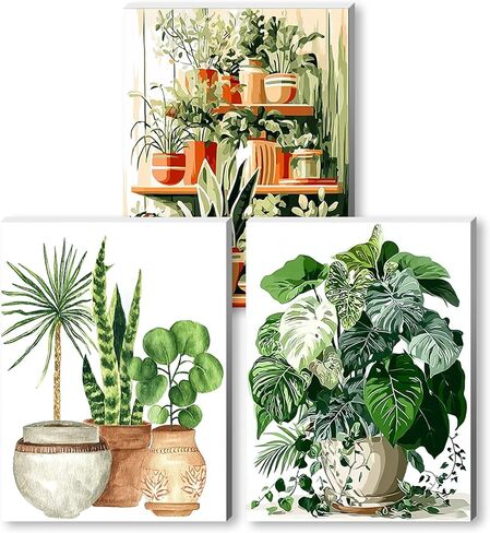 Jiqinsiye 3 Pcs DIY Plant Paint by Numbers for Adults,Wooden Framed Painting by Number Kits on Canvas,Acrylic Color by Numbers for Adult Beginner,Gifts Decor for Home Wall Room (Green Plant) in Saudi Arabia