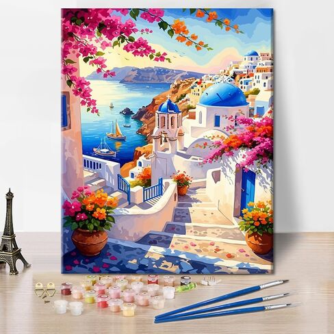 TUMOVO Paint by Numbers Kits for Adults Greece Sights Art Canvas for Home Decor Santorini Greece Oil Painting by Numbers Coastal Village Crafts for Adults DIY Paintworks Artwork Decor (40x50cm) in Kuwait