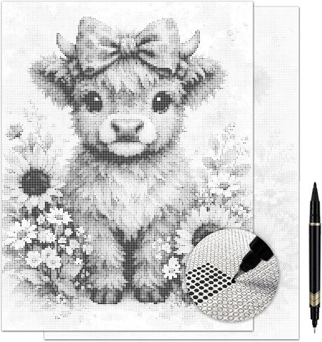 On The Dot Art - مجموعة الرسم المنقطة للبالغين | قماش أشعث على شكل بقرة المرتفعات مقاس 13 × 17 مع قلم تحديد مزدوج الطرف | نشاط فني مريح، بديل أسهل للرسم الماسي | لا توجد قطع صغيرة، لا فوضى | هدية عظيمة in Kuwait