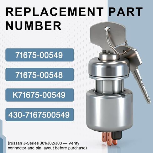 مفتاح تشغيل الإشعال 71675-00549 (مضاد لإعادة التشغيل)، متوافق مع رافعة شوكية Nissan/UniCarriers، يستبدل 25150-02H01 / 25150-L1806، 4 مواضع، حامل معدني، مع مفتاحين in Kuwait